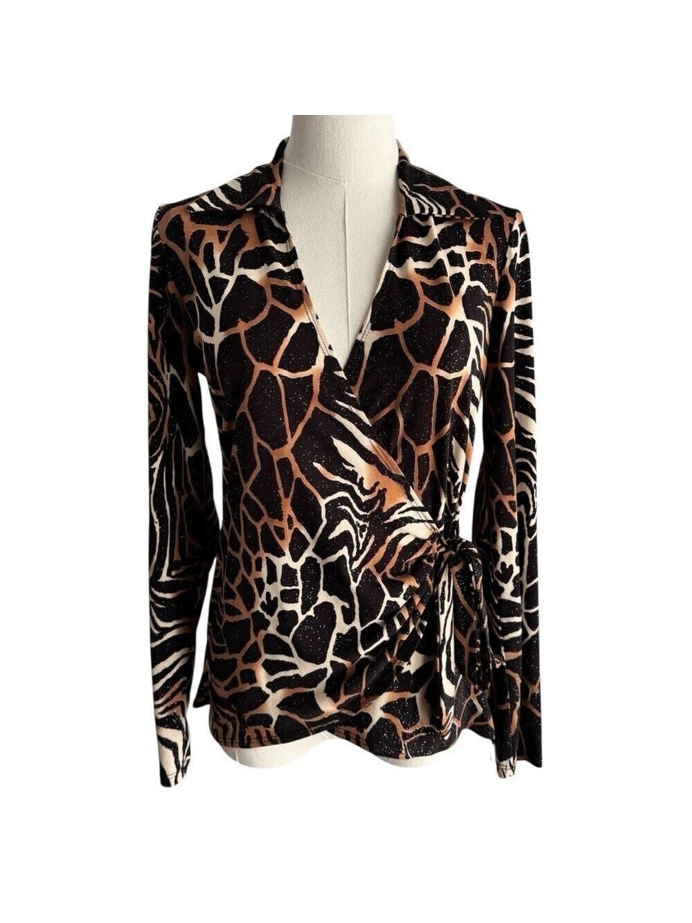 Vintage Y2K 2000s Animal Print Wrap Top Sz S Brown Giraffe Glitter Tie Waist EUC